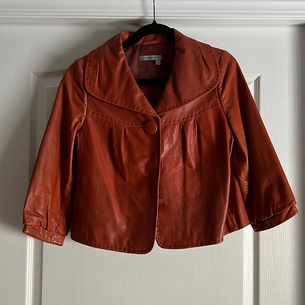 Rich warm color brown cropped leather jacket